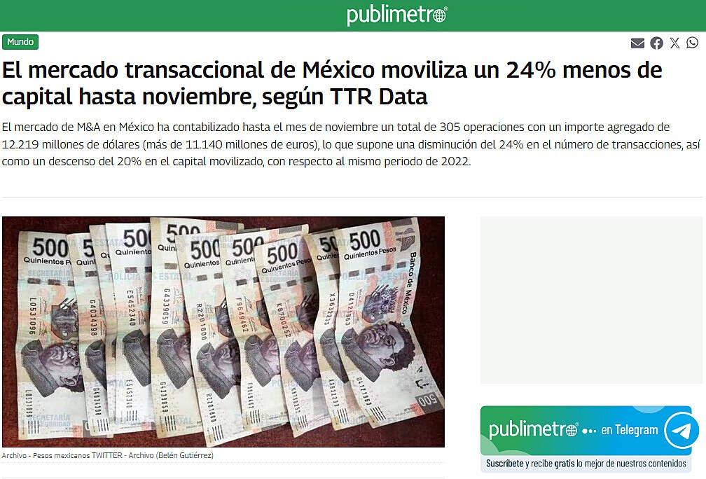 El mercado transaccional de Mxico moviliza un 24% menos de capital hasta noviembre, segn TTR Data